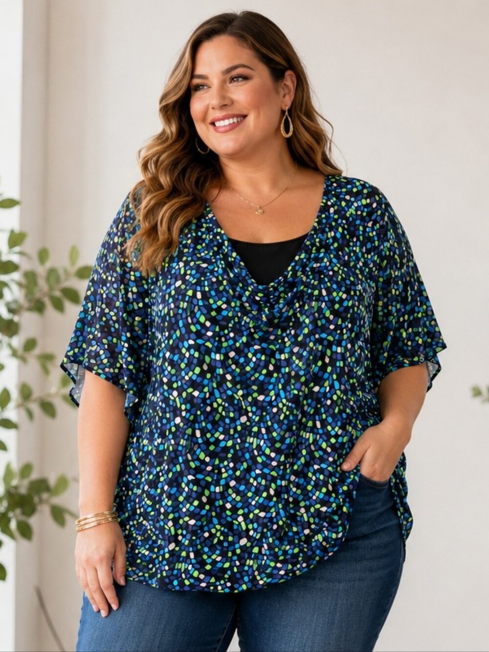 Plus Size 4X Draped Cowl Neck Abstract Print Tunic Top